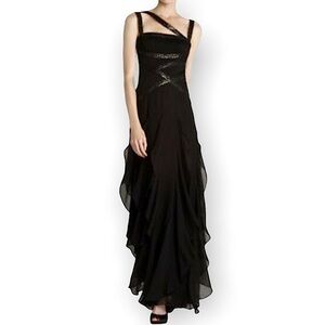 BCBG MaxAzria womens 100% silk embellished sequin ruffle gown size 2 maxi black